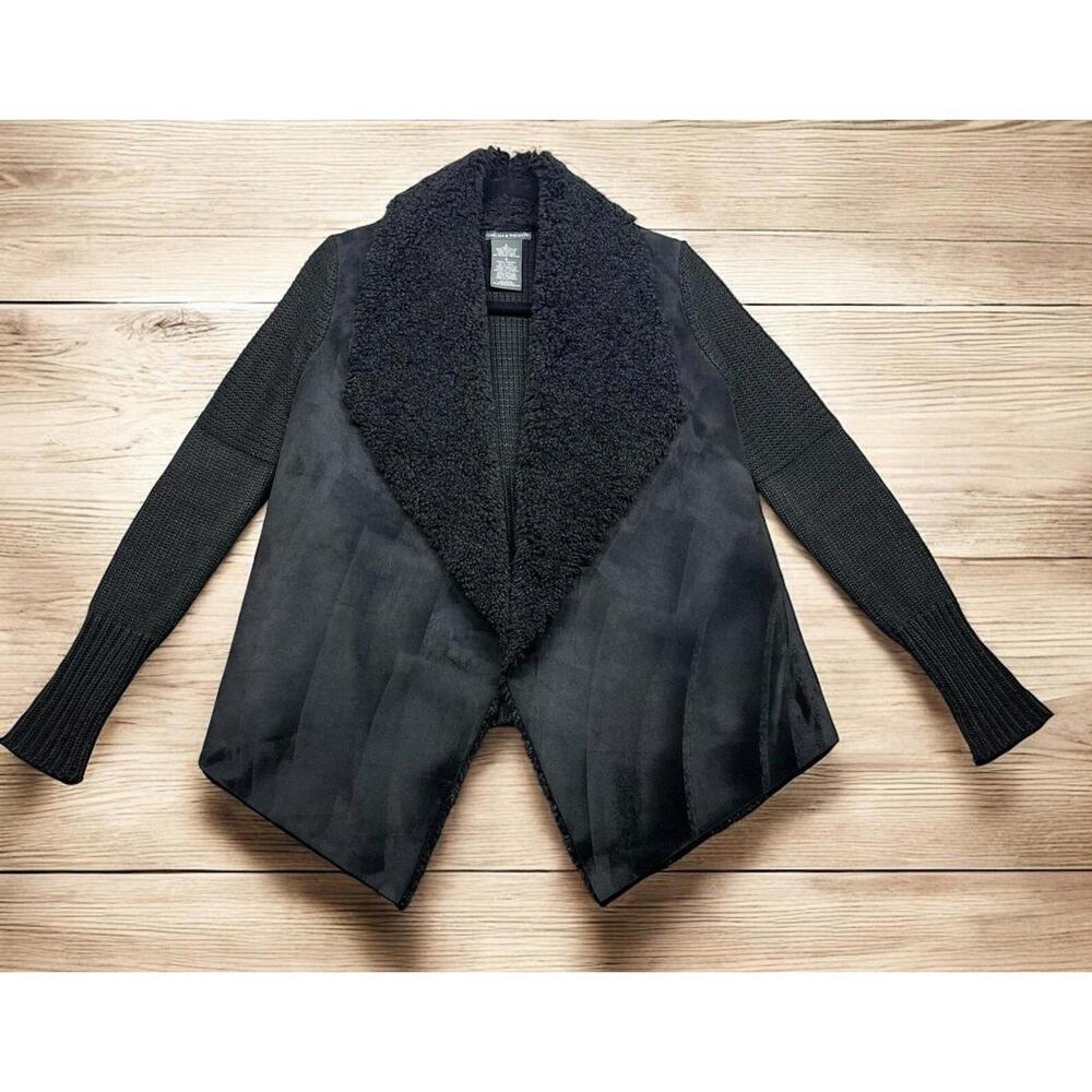 CHELSEA‎ & THEODORE Cardigan Jacket SM Faux Suede Fur Drapey Sweater Knit Back